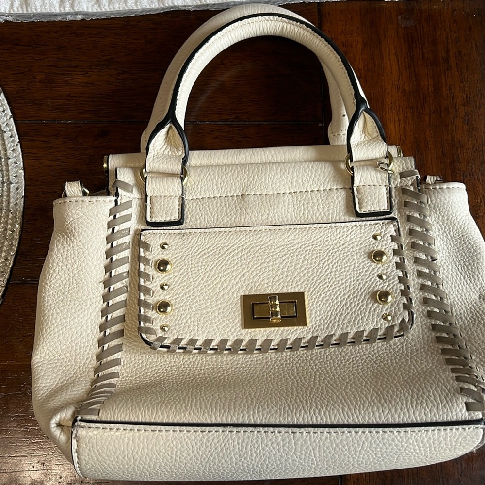 Steve Madden Blennon Cream Peebled Leather Studded Whipstitch Satchel Handbag